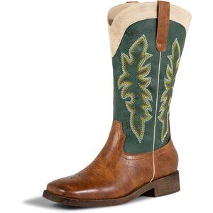 SheSole Western Boots Women's Green Tan Faux Leather Square Toe Wide Mid Calf